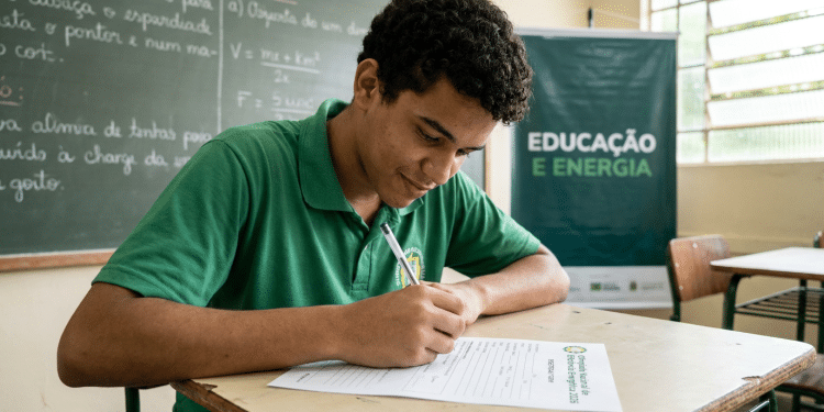 Estudante de camiseta verde preenche ficha em sala de aula, em preparação para a Olimpíada Nacional de Eficiência Energética 2026.
