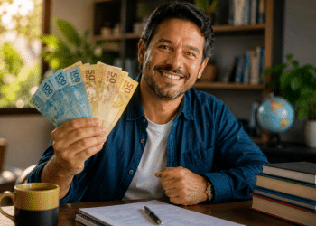 Homem sorri segurando leque de notas de cem e cinquenta reais em escritório com livros