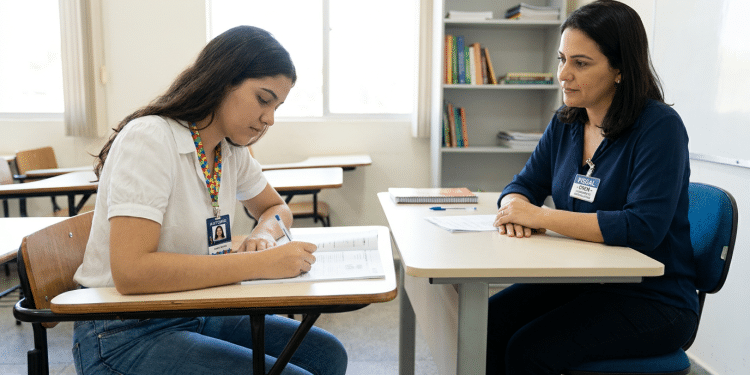 Estudante autista realiza prova do ENEM com apoio de fiscal.