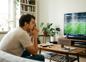 Homem de camiseta bege sentado em sofá cinza com mãos no queixo olhando tenso para TV com partida de futebol.