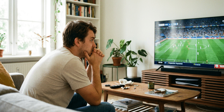 Homem de camiseta bege sentado em sofá cinza com mãos no queixo olhando tenso para TV com partida de futebol.