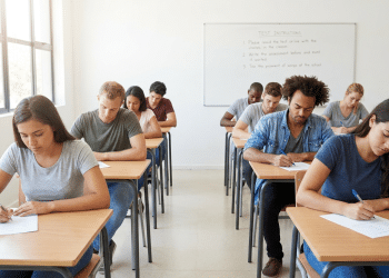 Estudantes concentrados realizando prova em sala de aula iluminada.