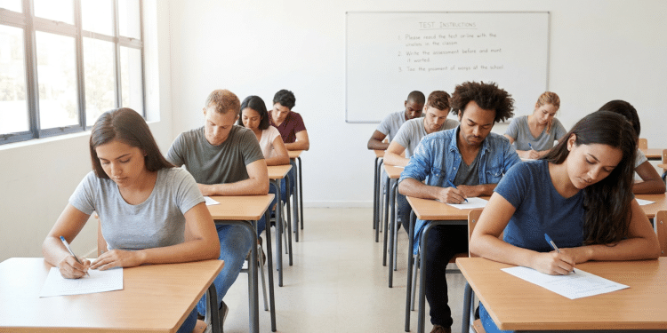 Estudantes concentrados realizando prova em sala de aula iluminada.