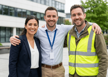 Equipe profissional diversificada unida em ambiente corporativo.