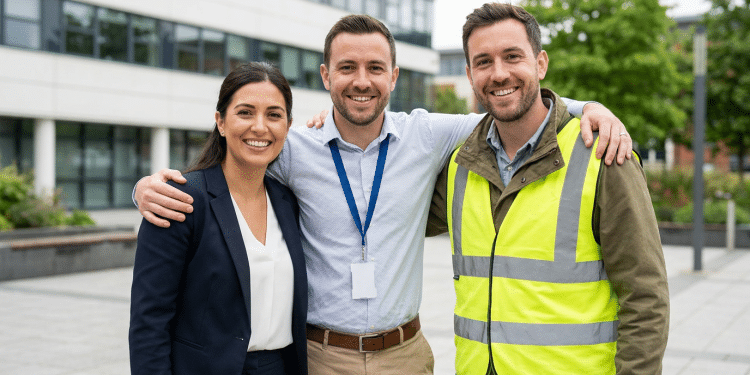 Equipe profissional diversificada unida em ambiente corporativo.