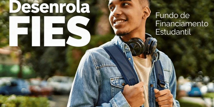 Jovem sorrindo ao ar livre com fone de ouvido no pescoço e mochila, texto Desenrola FIES destaque.