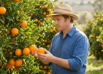 Citricultor avaliando laranjas maduras em plantação a céu aberto.