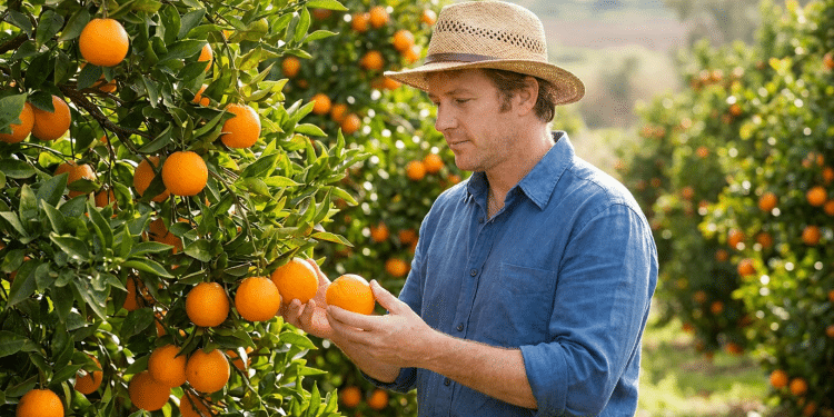 Citricultor avaliando laranjas maduras em plantação a céu aberto.
