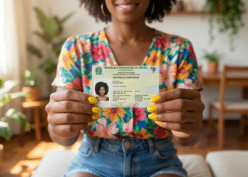 Nova carteira de identidade brasileira exibida por jovem em ambiente residencial.
