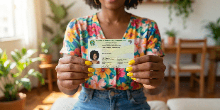 Nova carteira de identidade brasileira exibida por jovem em ambiente residencial.