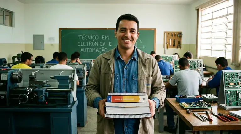 Aluno segurando materiais de estudo em sala de curso técnico após conquistar certificação pelo Encceja.