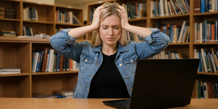Mulher estressada em biblioteca diante de laptop aberto.