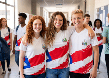 Estudantes do Ensino Médio posam em corredor escolar com uniforme estadual.