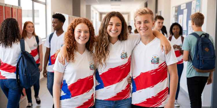 Estudantes do Ensino Médio posam em corredor escolar com uniforme estadual.