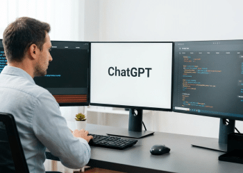 Desenvolvedor usa ChatGPT com setup de três monitores.