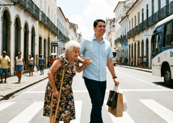Homem ajudando senhora a atravessar a rua.