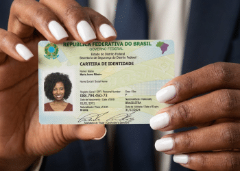 Mulher exibe carteira de identidade nacional do Brasil com destaque para documento moderno.