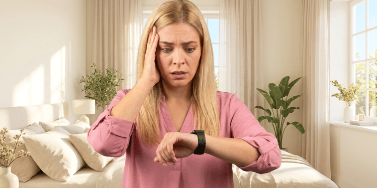 Mulher preocupada olha relógio smartwatch em quarto claro.