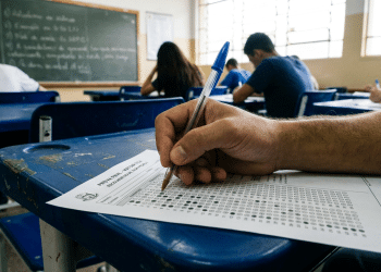 Mão masculina marcando gabarito de prova em sala de aula.