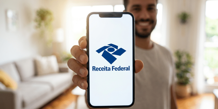 Homem exibe aplicativo da Receita Federal em celular com ambiente doméstico moderno.
