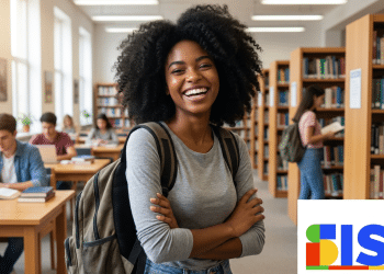Jovem sorridente com mochila em biblioteca e logo do SISU no canto.