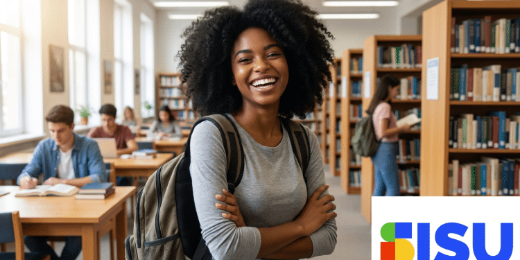 Jovem sorridente com mochila em biblioteca e logo do SISU no canto.
