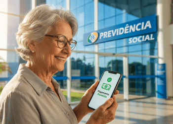 Aposentada idosa sorri ao confirmar pagamento recebido no celular em frente a agência da Previdência Social.