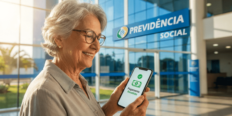 Aposentada idosa sorri ao confirmar pagamento recebido no celular em frente a agência da Previdência Social.