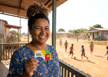 Mulher sorridente exibe cartão Bolsa Família em comunidade rural.