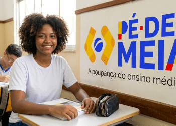 Estudante do ensino médio em sala de aula ao lado da logo do Pé-de-Meia.