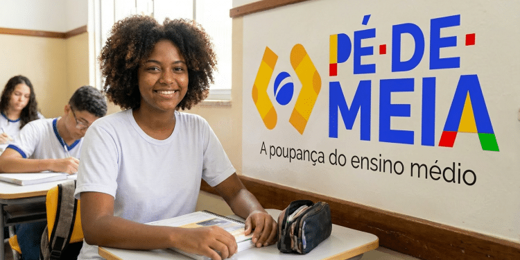 Estudante do ensino médio em sala de aula ao lado da logo do Pé-de-Meia.