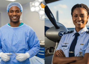 Dois profissionais de áreas diferentes em seus locais de trabalho.