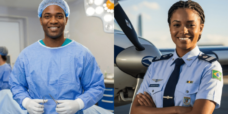 Dois profissionais de áreas diferentes em seus locais de trabalho.