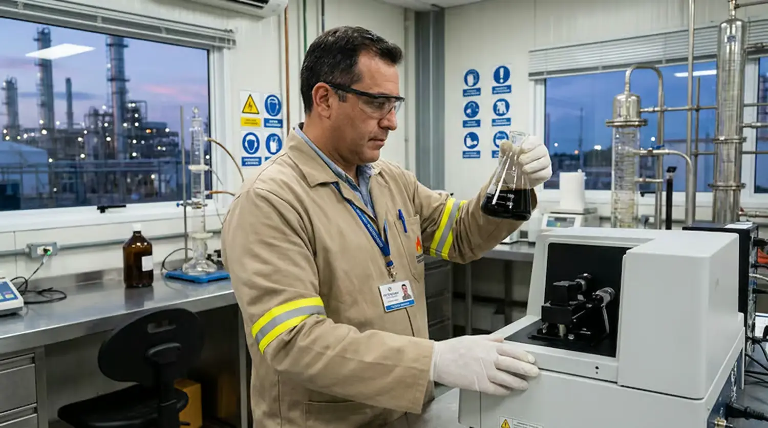 Técnico químico analisando petróleo em laboratório, mostrando processo de controle de qualidade.