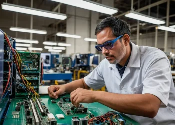 Técnico em eletromecânica ajustando componentes eletrônicos em bancada industrial.