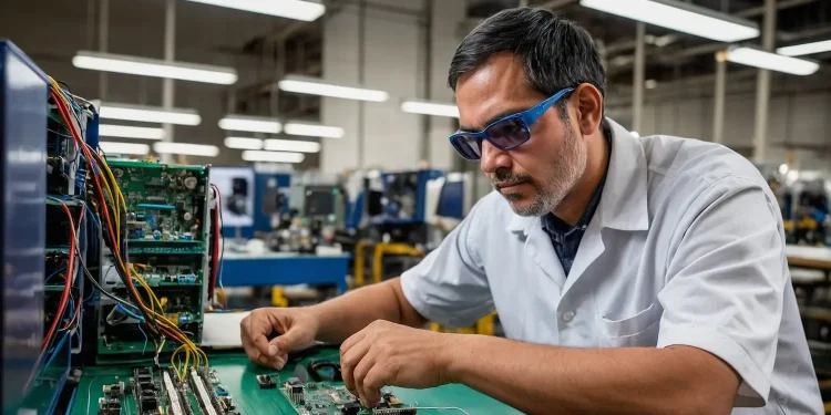 Técnico em eletromecânica ajustando componentes eletrônicos em bancada industrial.