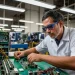 Técnico em eletromecânica ajustando componentes eletrônicos em bancada industrial.