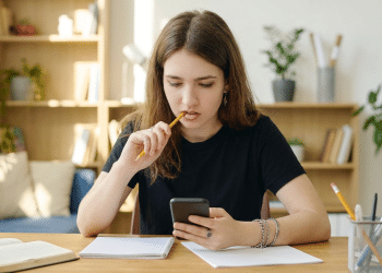 Estudante concentrada usando celular para estudo em ambiente doméstico.