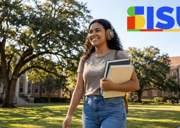 Estudante sorridente caminha com livros em campus universitário com logo do SISU.