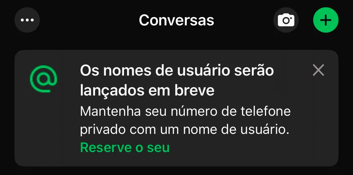 Notificação do WhatsApp informando que os nomes de usuário serão lançados em breve.