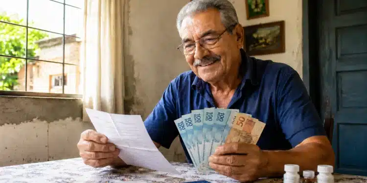 Idoso sorrindo enquanto confere pagamento da aposentadoria com acréscimo de 25% do INSS