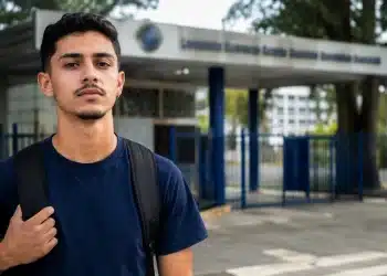 Estudante em frente a faculdade, representando o período de adesão das instituições ao Fies.