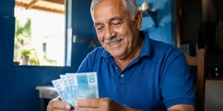 Homem idoso sorrindo ao contar notas de dinheiro, representando o adicional de 50% no INSS em junho de 2026