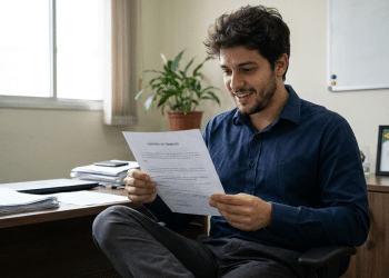 Homem sorri ao ler um contrato de trabalho em escritório