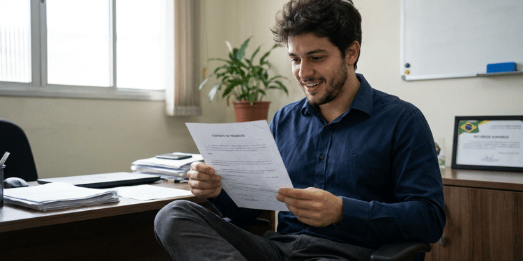 Homem sorri ao ler um contrato de trabalho em escritório