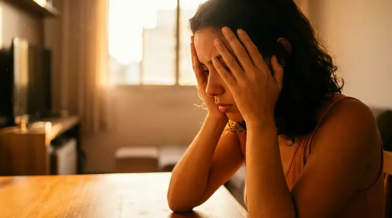 Mulher sentada à mesa com as mãos na cabeça, aparentando sofrimento emocional causado pelo silêncio constante.