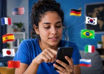 Mulher usa o celular cercada por bandeiras de vários países, como Estados Unidos, França, Espanha e Alemanha, em imagem que ilustra os aplicativos de idiomas com inteligência artificial