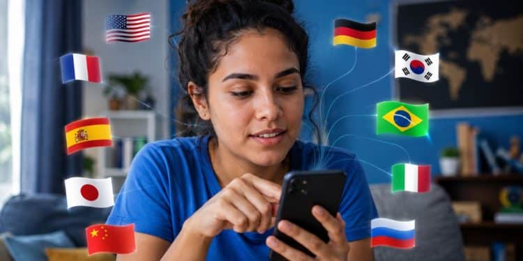 Mulher usa o celular cercada por bandeiras de vários países, como Estados Unidos, França, Espanha e Alemanha, em imagem que ilustra os aplicativos de idiomas com inteligência artificial