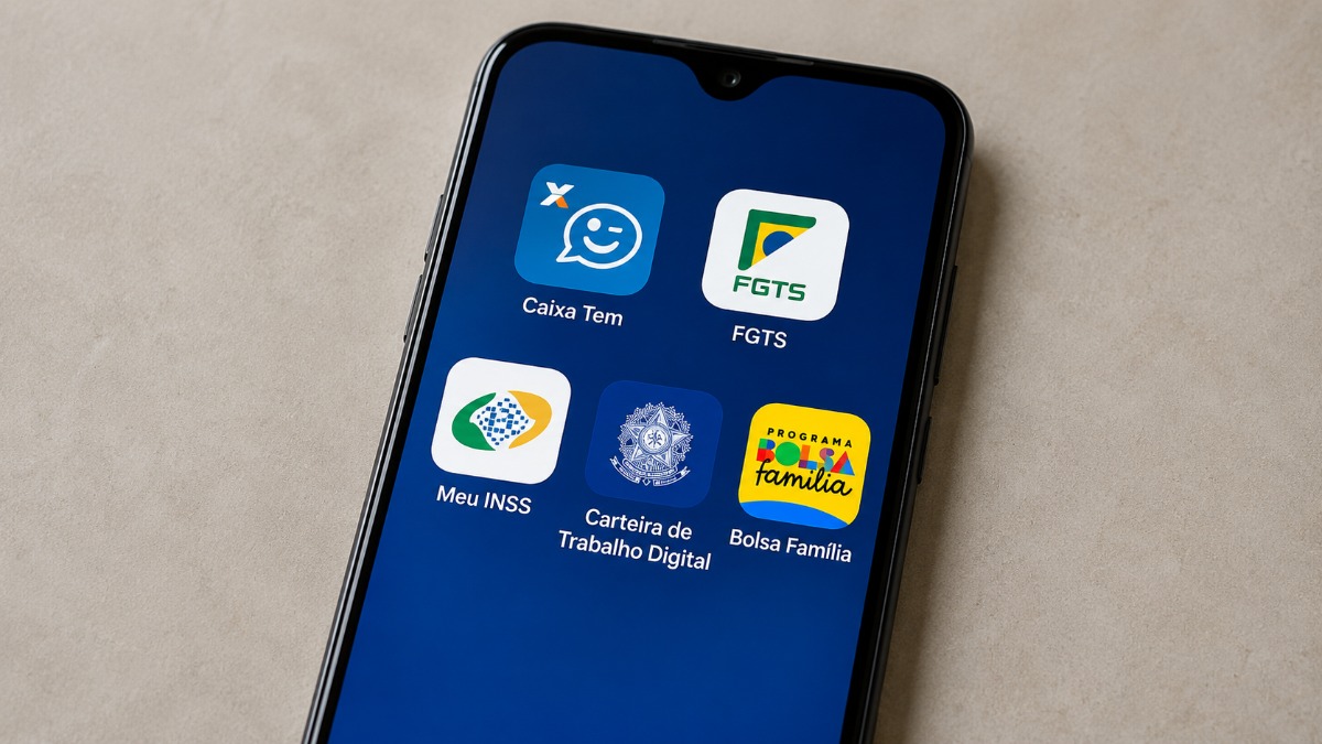 Tela de celular com os aplicativos Caixa Tem, FGTS, Meu INSS, Carteira de Trabalho Digital e Bolsa Família, usados para consultar e liberar pagamentos de benefícios
