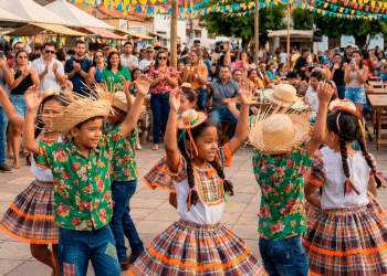 Crianças dançando em festa junina enquanto pessoas assistem ao arraial.